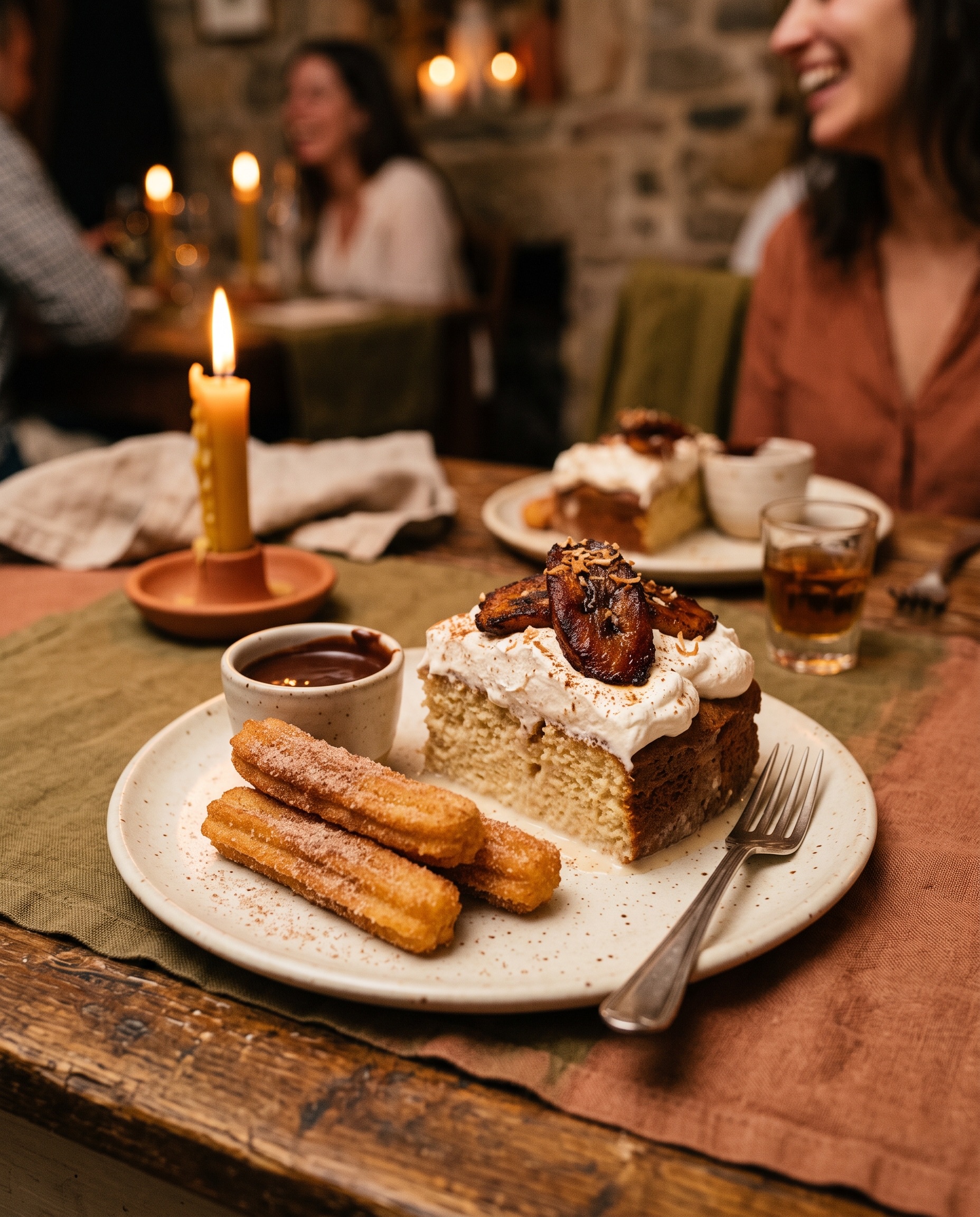 Tres leches cake and churros